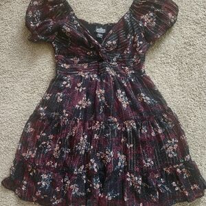 Angie Dark Romance Mini Dress Size L Puff Sleeve Black Gold Floral Print Keyhole